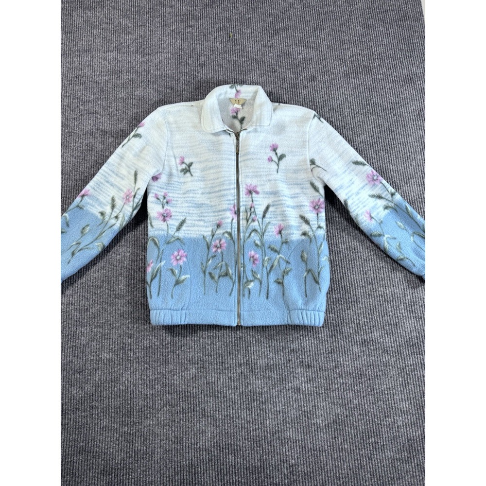 Cottage core Floral Fleece Full Zip Cardigan Sweater Embroidered Blue White S